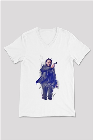 Unisex John Wick Baskılı Beyaz V Yaka Tişört