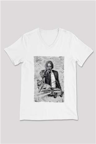 Unisex John Wick Baskılı Beyaz V Yaka Tshirt
