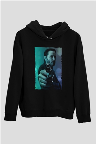 Unisex John Wick Baskılı Siyah Kapüşonlu Sweatshirt