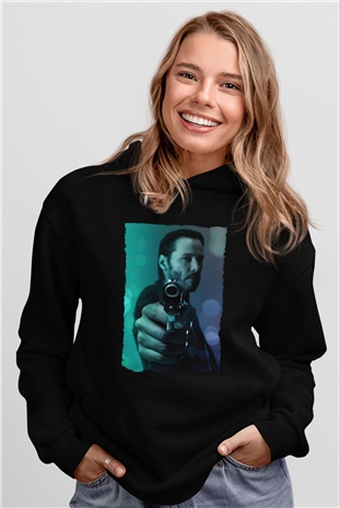 Unisex John Wick Baskılı Siyah Kapüşonlu Sweatshirt