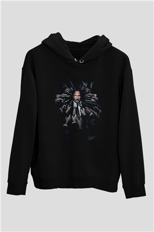 Unisex John Wick Baskılı Siyah Kapüşonlu Sweatshirt