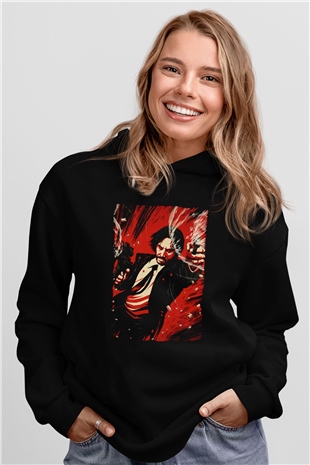 Unisex John Wick Baskılı Siyah Kapüşonlu Sweatshirt