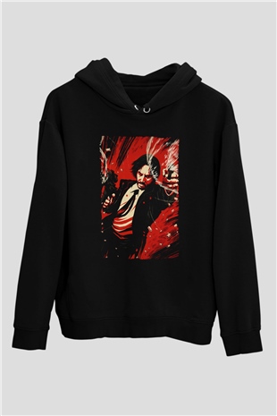 Unisex John Wick Baskılı Siyah Kapüşonlu Sweatshirt