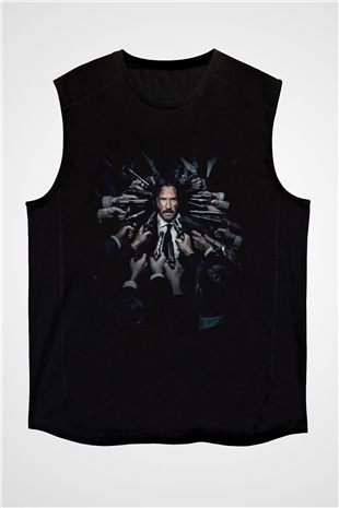 Unisex John Wick Baskılı Siyah Kolsuz T-shirt