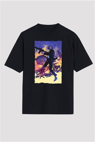 Unisex John Wick Baskılı Siyah Unisex Oversize Tişört