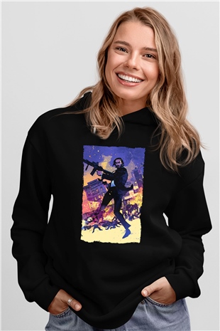 Unisex John Wick Baskılı Siyah Unisex Kapüşonlu Sweatshirt