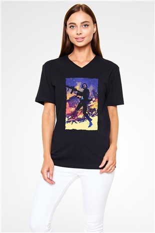 Unisex John Wick Baskılı Siyah Unisex V Yaka Tişört