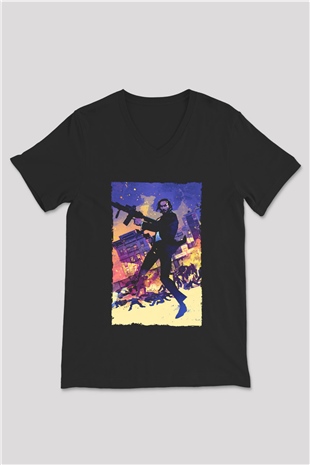 Unisex John Wick Baskılı Siyah Unisex V Yaka Tişört