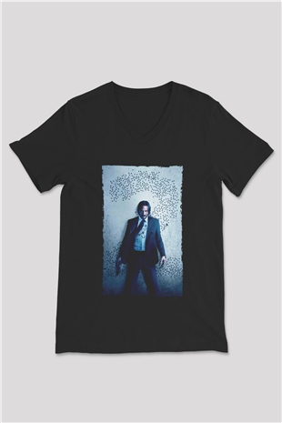 Unisex John Wick Baskılı Siyah Unisex V Yaka T-shirt