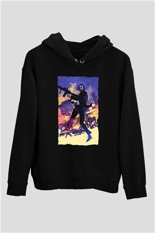Unisex John Wick Baskılı Siyah Unisex Kapüşonlu Sweatshirt