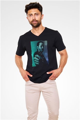 Unisex John Wick Baskılı Siyah V Yaka Tshirt