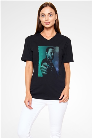 Unisex John Wick Baskılı Siyah V Yaka Tshirt
