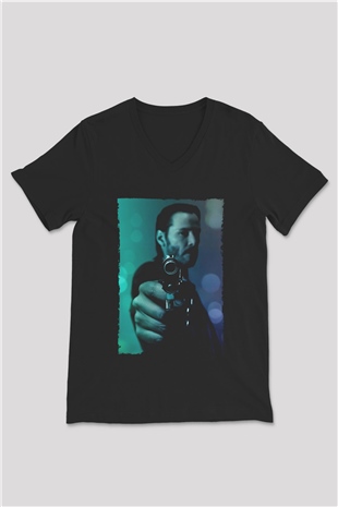 Unisex John Wick Baskılı Siyah V Yaka Tshirt