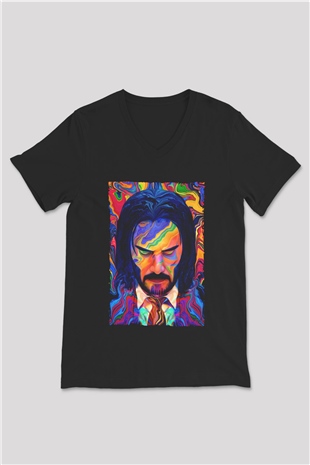 Unisex John Wick Serisi (John Wick) Baskılı Siyah V Yaka T-shirt