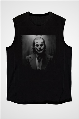 Unisex Joker Baskılı Siyah Kolsuz Tişört