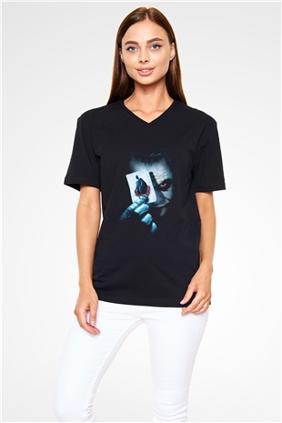 Unisex Joker Baskılı Siyah Unisex V Yaka T-shirt