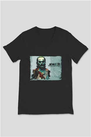 Unisex Joker Baskılı Siyah V Yaka Tshirt