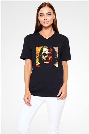 Unisex Joker Temalı Baskılı Siyah V Yaka Tshirt