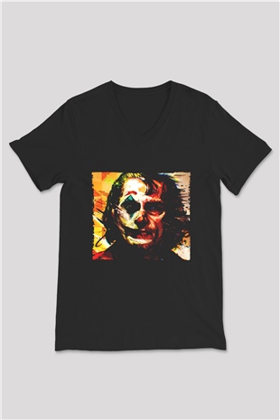 Unisex Joker Temalı Baskılı Siyah V Yaka Tshirt