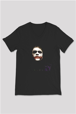 Unisex Joker Temalı Siyah Unisex V Yaka T-shirt