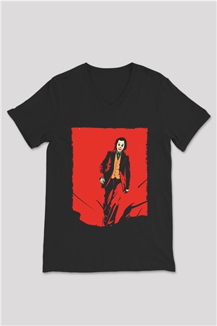 Unisex Joker Temalı Siyah Unisex V Yaka Tshirt