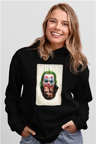 Unisex Joker Unisex Baskılı Siyah Kapüşonlu Sweatshirt