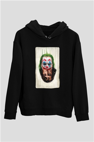 Unisex Joker Unisex Baskılı Siyah Kapüşonlu Sweatshirt