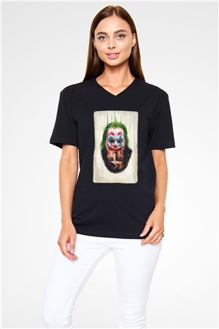 Unisex Joker Unisex Baskılı Siyah V Yaka Tshirt