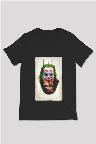 Unisex Joker Unisex Baskılı Siyah V Yaka Tshirt