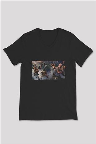 Unisex Jumanji Yeni Seviye (Jumanji The Next Level) Baskılı Siyah V Yaka Tshirt
