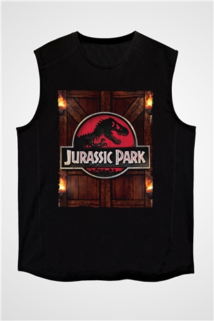 Unisex Jurassic Park Baskılı Siyah Kolsuz T-shirt