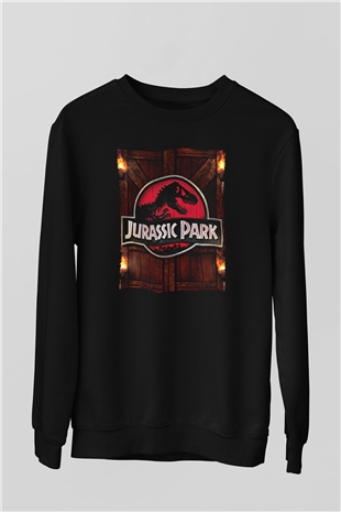 Unisex Jurassic Park Baskılı Siyah Sweatshirt