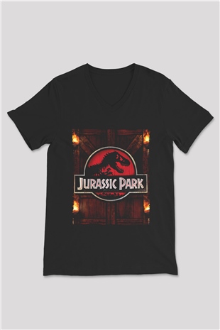 Unisex Jurassic Park Baskılı Siyah V Yaka T-shirt