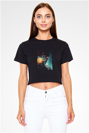 Unisex Justice League Dark Apokolips War Baskılı Siyah Crop Top Tişört