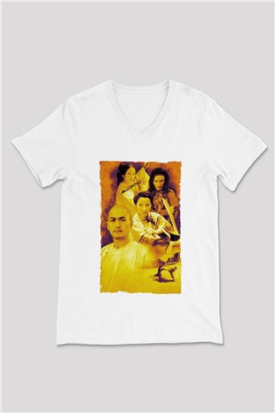Unisex Kaplan ve Ejderha - Crouching Tiger, Hidden Dragon Baskılı Beyaz V Yaka Tişört