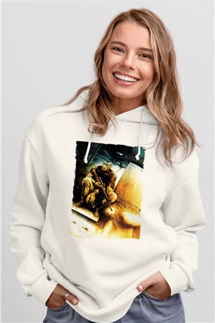 Unisex Kara Şahin Düştü - Black Hawk Down Baskılı Beyaz Kapüşonlu Sweatshirt