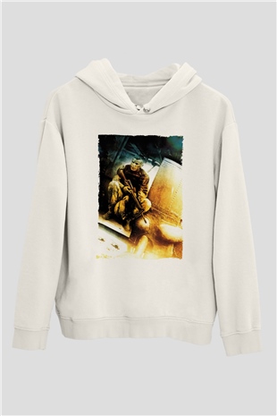 Unisex Kara Şahin Düştü - Black Hawk Down Baskılı Beyaz Kapüşonlu Sweatshirt