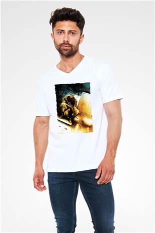 Unisex Kara Şahin Düştü - Black Hawk Down Baskılı Beyaz V Yaka Tişört