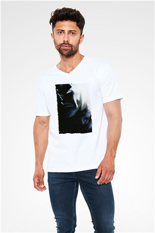 Unisex Kara Şövalye (The Dark Knight) Baskılı Beyaz V Yaka T-shirt