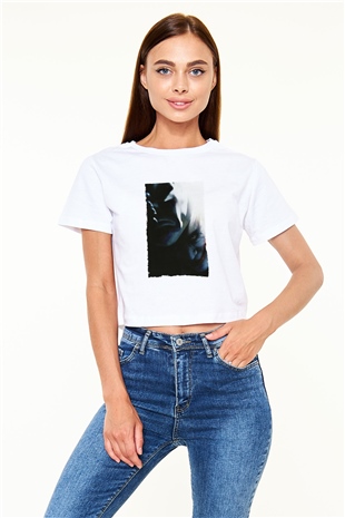 Unisex Kara Şövalye (The Dark Knight) Baskılı Beyaz Crop Top T-shirt