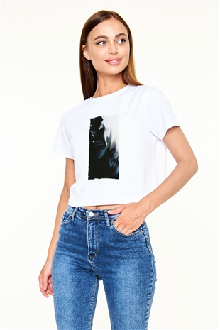 Unisex Kara Şövalye (The Dark Knight) Baskılı Beyaz Crop Top T-shirt