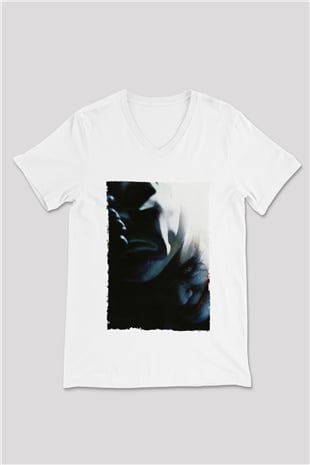 Unisex Kara Şövalye (The Dark Knight) Baskılı Beyaz V Yaka T-shirt