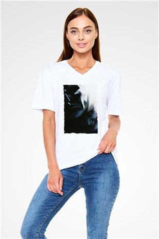 Unisex Kara Şövalye (The Dark Knight) Baskılı Beyaz V Yaka T-shirt