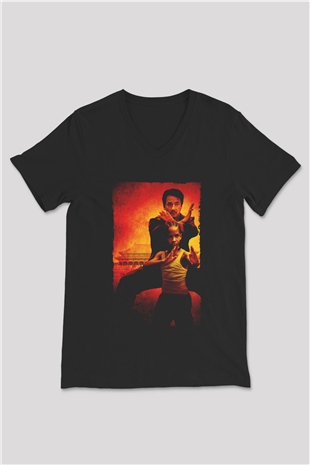 Unisex Karateci Çocuk (The Karate Kid) Baskılı Siyah V Yaka Tshirt