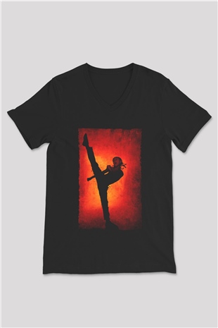 Unisex Karateci Çocuk (The Karate Kid) Baskılı Siyah V Yaka T-shirt