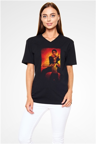 Unisex Karateci Çocuk (The Karate Kid) Baskılı Siyah V Yaka Tshirt