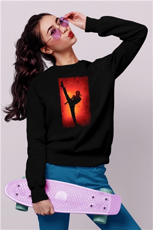 Unisex Karateci Çocuk (The Karate Kid) Baskılı Siyah Sweatshirt