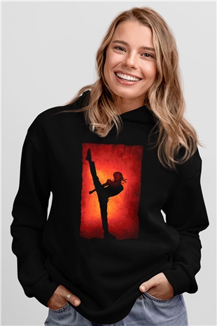 Unisex Karateci Çocuk (The Karate Kid) Baskılı Siyah Kapüşonlu Sweatshirt