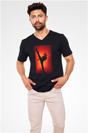 Unisex Karateci Çocuk (The Karate Kid) Baskılı Siyah V Yaka T-shirt