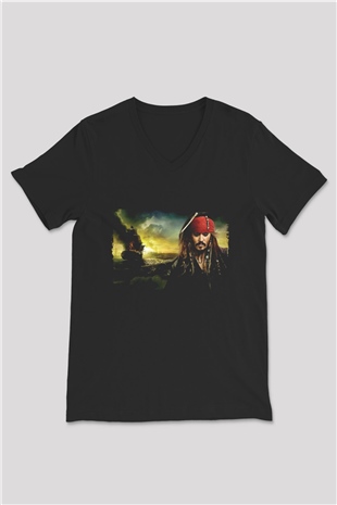 Unisex Karayip Korsanları Gizemli Denizlerde (Pirates of the Caribbean On Stranger Tides) Baskılı Siyah V Yaka Tişört